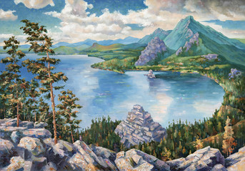 Picturesque Lake Borovoye in Kazakhstan. An oil painting on canvas. Author: Nikolay Sivenkov.