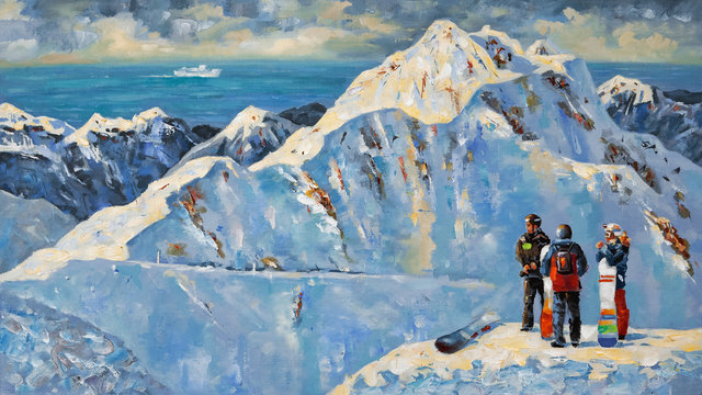 Painting. Snowboarders at the ski resort of Rosa Khutor, near Sochi, Russia. Author: Nikolay Sivenkov.