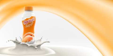 Vector ads of yogurt packging with apricot flavor and pieces in cream splash branding ready commercial flyer background realistic illustration