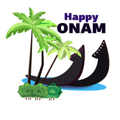 Happy Onam, illustration of a boat on the shore of an oasis