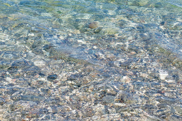 Texture of clean sea water with small waves with a translucent bottom, background
