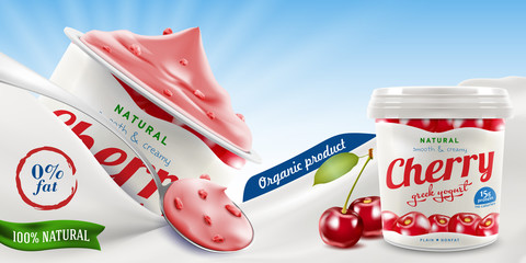 Cherry Greek yogurt packaging jar ads with natural taste, flavor and small pieces of sliced cherry in milk or cream wave realistic illustration, can be used for ice-cream packaging design