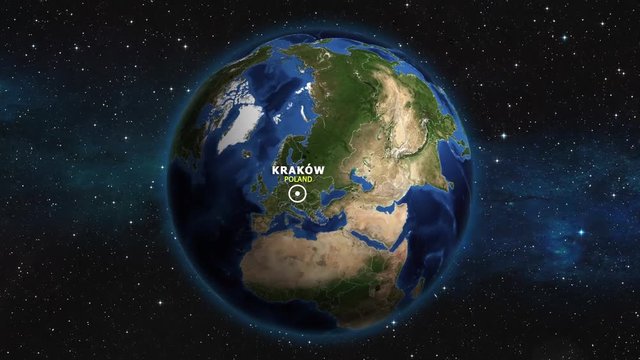 POLAND KRAKOW ZOOM IN FROM SPACE