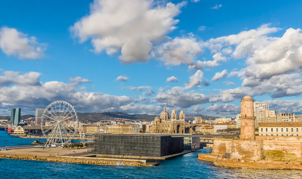 Marseille, France, March 2018, Fort St Jean by the Mediterranean Sea at this entrance of the Old Port, the cathedral "La Major" and the Mucem