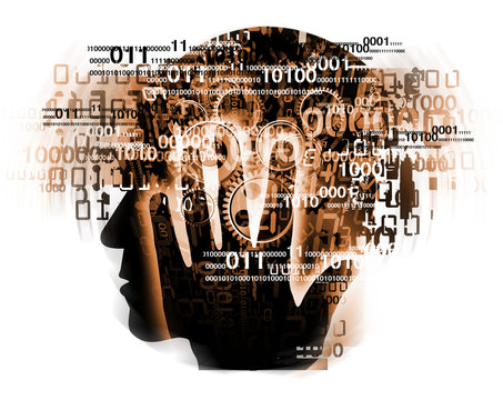 Burn out syndrome,Stress Overworked man. 
Stylized male head silhouette holding his head, with binary codes and gear. 
