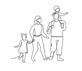 Continuous Line Parents Walking with Children. One Line Happy Family. Contour People Outdoor. Parenting Characters. Vector illustration