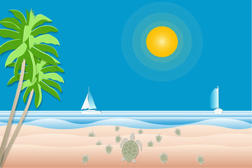 Fototapeta na wymiar Turtle on the beach and sailboat in the sea - Illustration