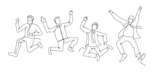 Jumping Businessman Continuous Line Art. Successful People Celebrating. Business Teamwork Linear Concept. Vector illustration