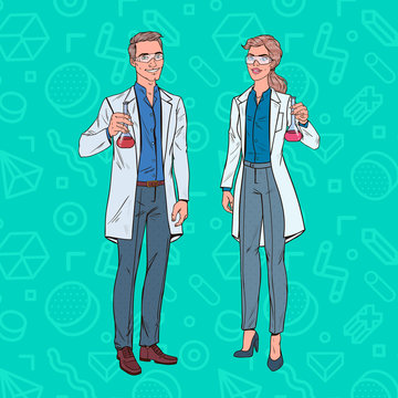 Pop Art Man and Woman Scientists with Flask. Laboratory Researchers. Chemistry Pharmacology Concept. Vector illustration