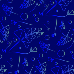 Vector botanic pattern of blue plants on a blue background.