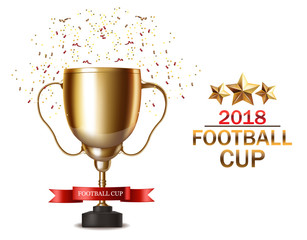 Golden cup Vector realistic. Football finals Competition. Mock up design 3d Flyer template golden backgrounds