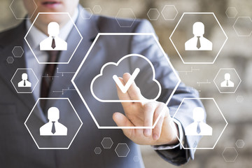 Businessman presses button cloud on virtual digital electronic user interface internet.