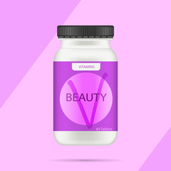 White matte plastic bottle with black lid for vitamins, tablets, pills. Realistic packaging mockup template with sample design. Medical container. Front view. Vector illustration.