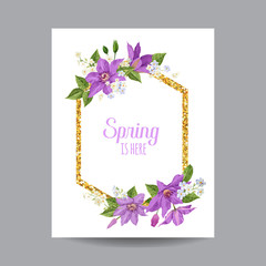 Blooming Spring and Summer Golden Floral Frame. Watercolor Purple Clematis Flowers for Invitation, Wedding, Greeting Card. Vector illustration