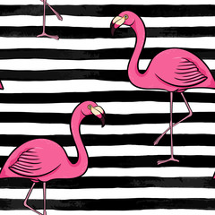 Hand drawn pink flamingo silhouette on a background of black and white stripes. design for holiday greeting card and invitation of seasonal summer holidays, summer beach parties, tourism and travel