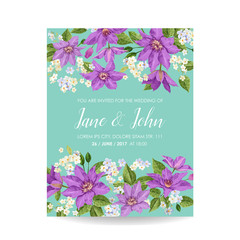 Wedding Invitation Template with Clematis Flowers. Tropical Floral Save the Date Card. Exotic Flower Romantic Design for Greeting Postcard, Birthday, Anniversary. Vector illustration