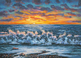 A bright sunset during a storm. An oil painting on canvas. Author: Nikolay Sivenkov.