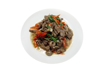 Chicken innards Fried in oyster sauce, spicy food, chili food, Fried vegetable, Fried beef with oyster sauce & Basil leaves on top white dish thai food on white background