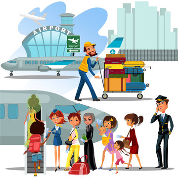 People climb ladder aboard plane, landing men and women on airplane at airport vector illustration, passengers with bags suitcase sut go up stairs to aircraft, Man carries trolley luggage for loading