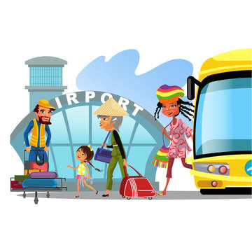 airport transfer, public transport like bus, happy multinational family mother with kids kepp his luggage for transportation vector illustration