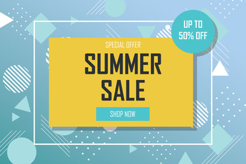 Summer sale banner template with trendy abstract geometric background. Discount, special offer, Vector illustration