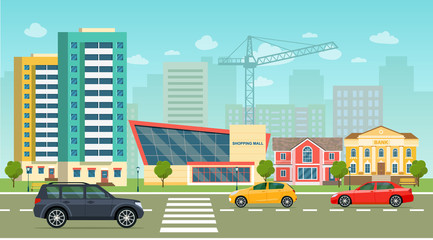 City life set with cars, road, buildings. City street panoramic. Vector flat style illustration
