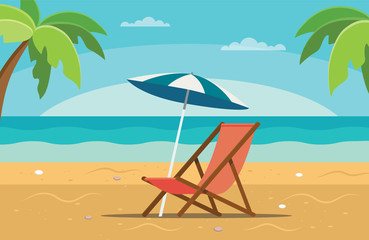 Beach chaise longue with umbrella, beach scene with sea and palms. Vector illustration in flat style