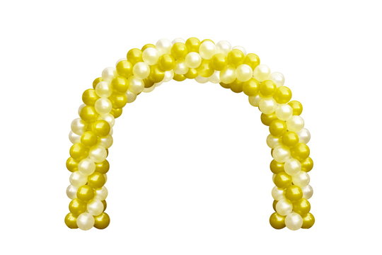 Balloon Archway Door Yellow Gold And White, Arches Wedding, Balloon Festival Design Decoration Elements With Arch Floral Design Isolated On White Background