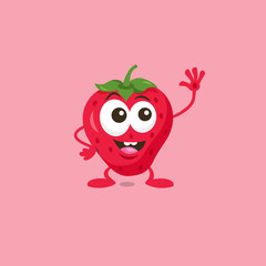 Illustration of cute happy strawberry mascot greeting someone with big smile isolated on light background. Flat design style for your mascot branding.