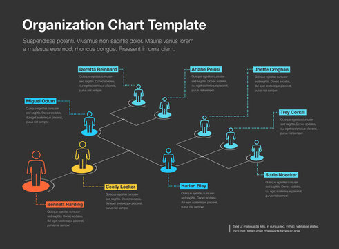 Simple company organization hierarchy chart template with place for your content - dark version. Easy to use for your website or presentation.