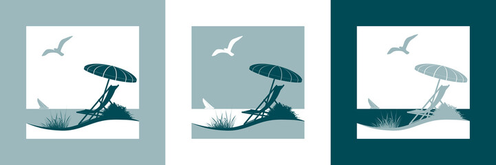 Sommerferien Vektorlogo mit Liegestuhl, Sonnenschirm, Möwe, Segelboot, Strand und Meer