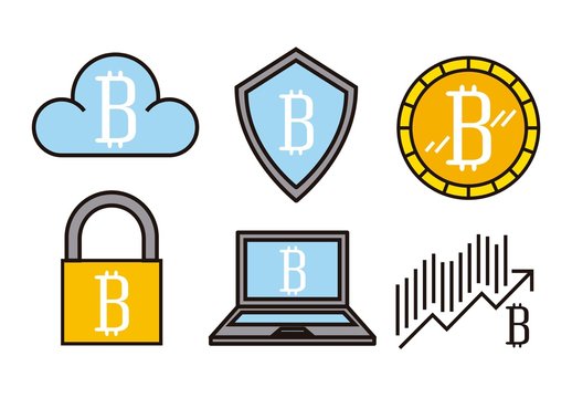 Blue Yellow Bitcoin Security Cloud Finance Icons Set