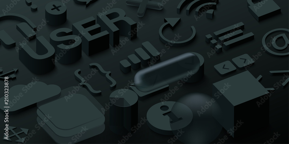 Wall mural black 3d user background with web symbols.