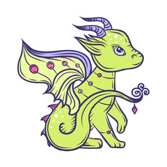 Hand drawn green dragon, vector illustration.