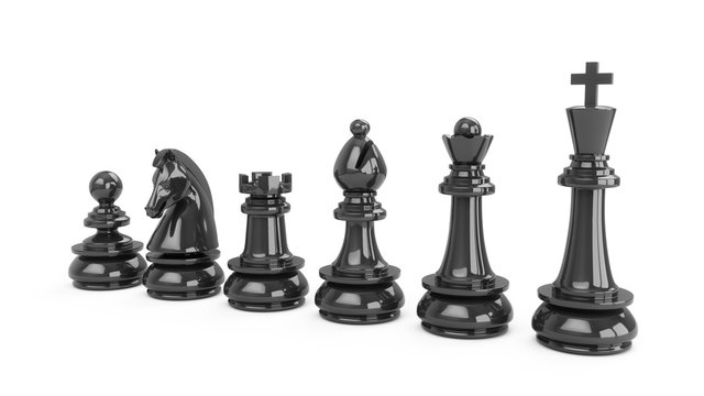 3D Rendering Black chess pieces isolated on white background