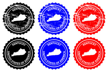 Kentucky - rubber stamp - vector, Kentucky (United States of America) map pattern - sticker - black, blue and red 