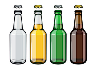 Beer bottles set of empty and full filled with crafting brewery