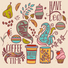 Colorful vector hand drawn Doodle cartoon set of objects and symbols on the tea and coffee time themes
