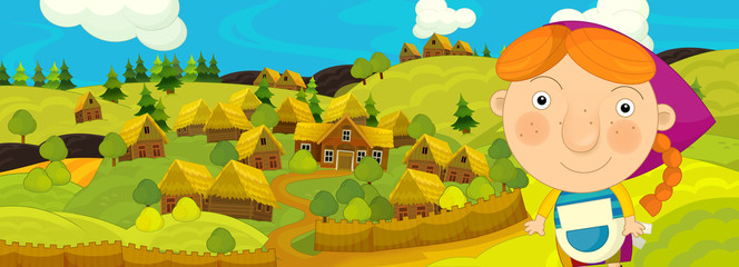 Fototapeta premium cartoon scene with farmer woman working near some farm village - illustration for children