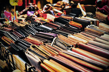 Night Market Stall Selling Many designs fashion leather Wallets