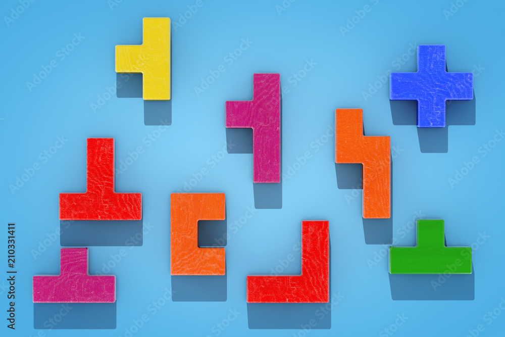 Poster Logical Thinking Concept. Different Colorful Shapes Wooden Blocks. 3d Rendering