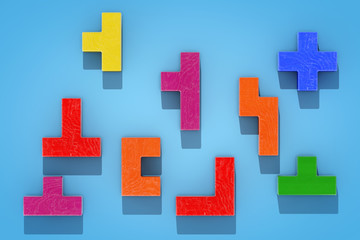 Logical Thinking Concept. Different Colorful Shapes Wooden Blocks. 3d Rendering