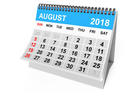Calendar August 2018. 3d Rendering