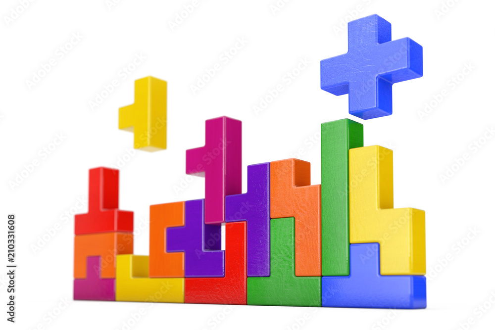Aufkleber Logical Thinking Concept. Different Colorful Shapes Wooden Blocks. 3d Rendering
