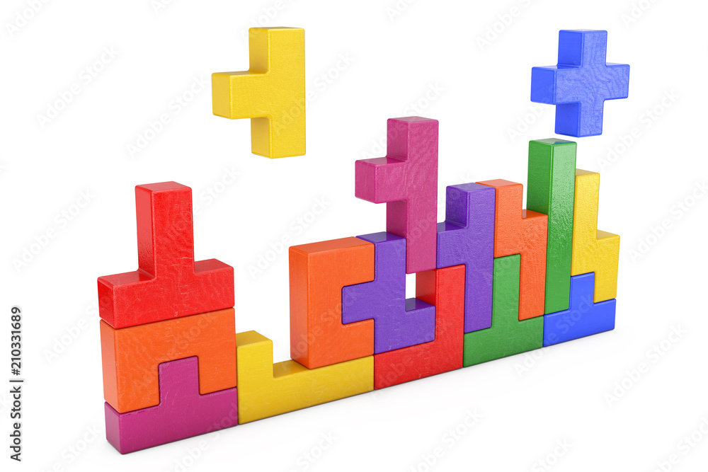 Poster Logical Thinking Concept. Different Colorful Shapes Wooden Blocks. 3d Rendering