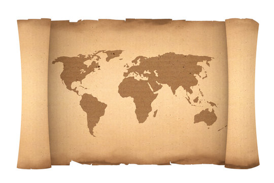 Old Paper Scroll Parchment with World Map. 3d Rendering