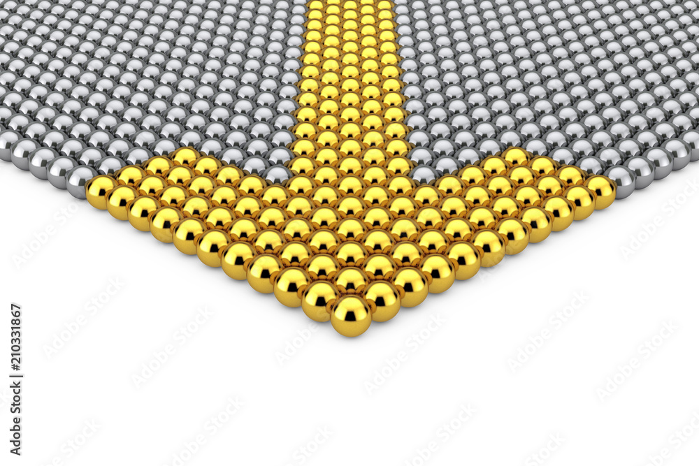 Poster leadership concept. rows of chrome spheres with golden arrow spheres. 3d rendering