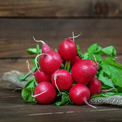 Bunch of delicious red radishes. Square. The concept of healthy eating a