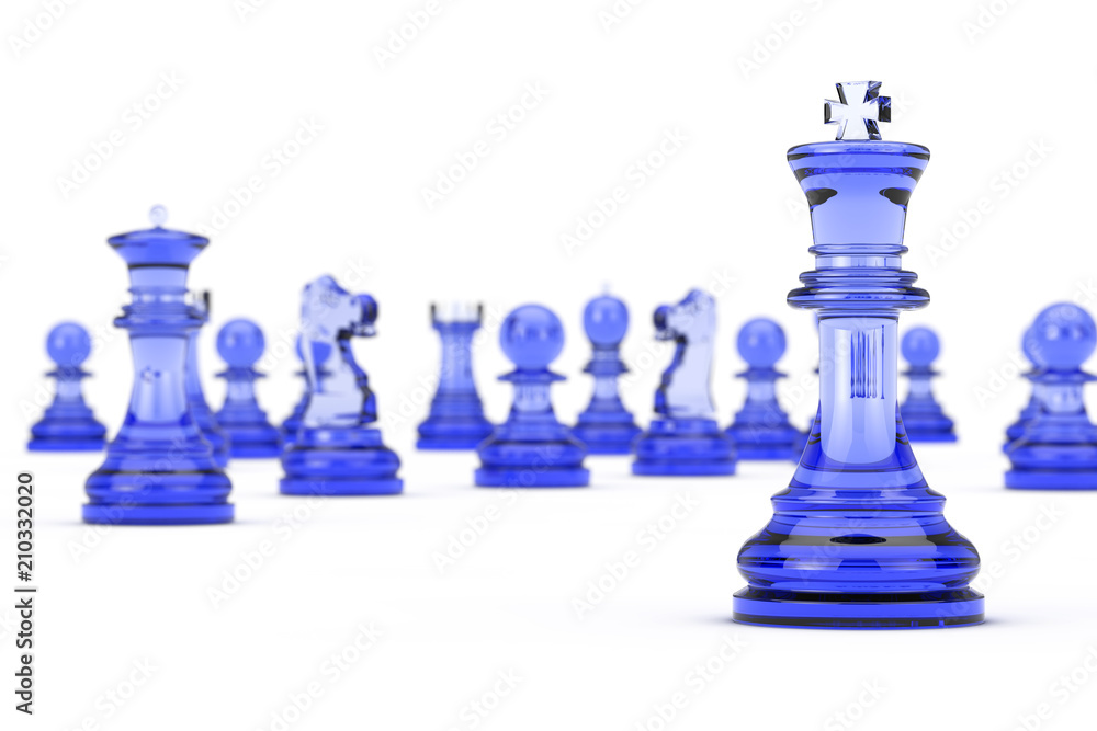 Aufkleber glass king chess in front of many chess figures. 3d rendering