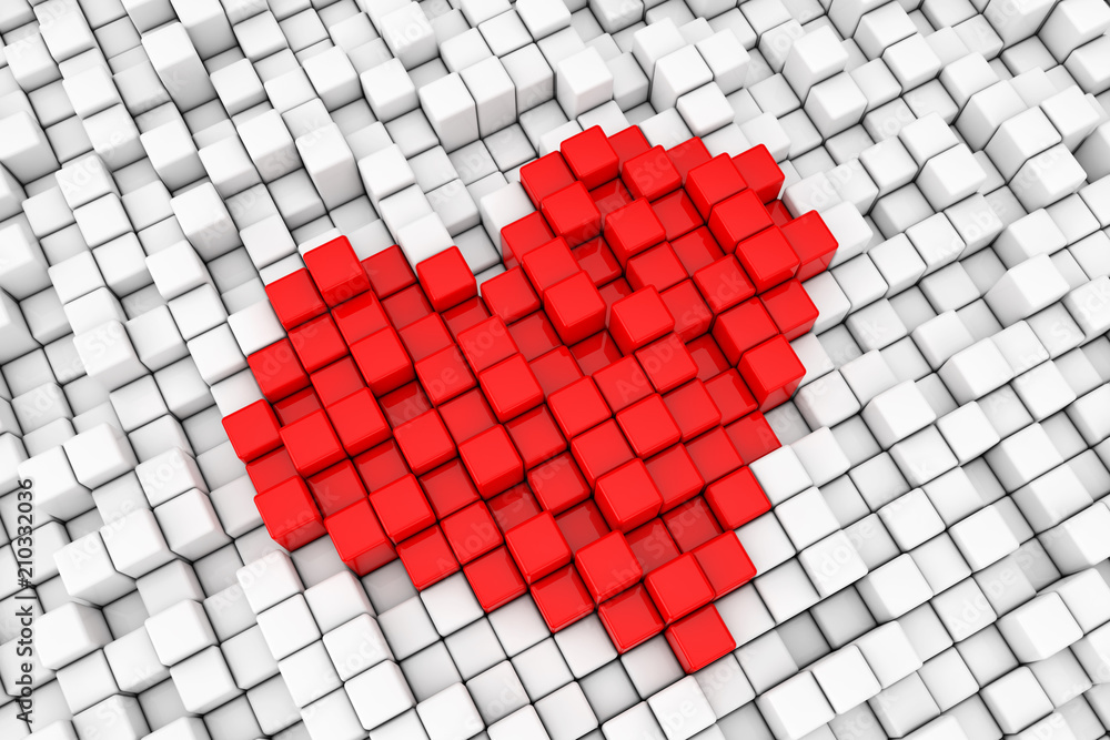 Aufkleber Red Heart Block Cube Pixel Sign. 3d Rendering